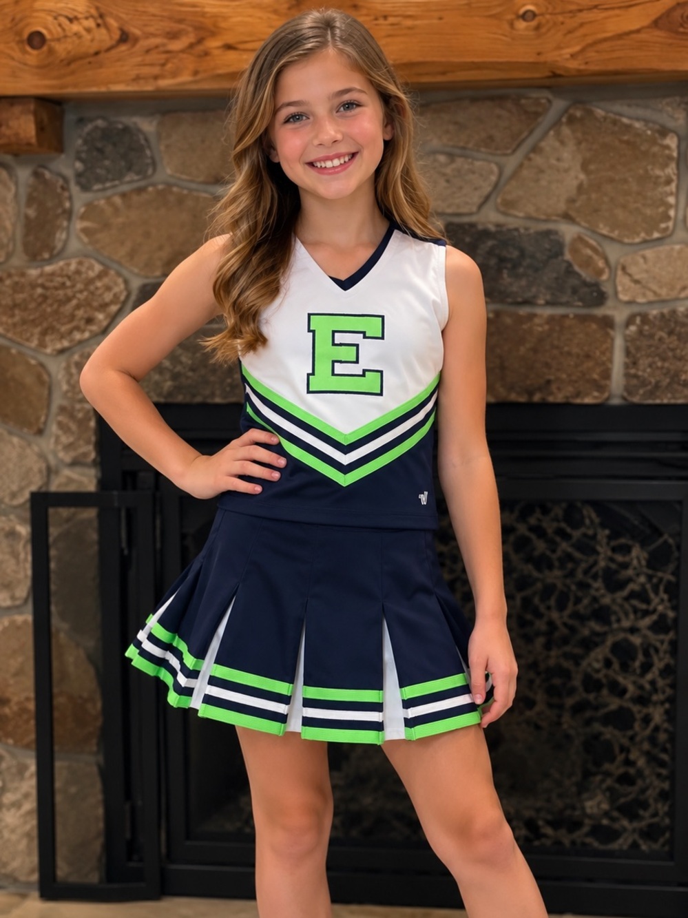 Girls Navy and White Cheer Dress Costume with Lime Accent